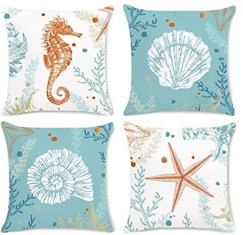 Bonhause 4er Set Kissenbezüge Ozean Strand 45 x 45 cm Seepferdchen Seestern Küsten Blau Samt Soft Dekorative Kissenhülle Zierkissenbezüge für Sofa Schlafzimmer Wohnzimmer Auto Zuhause Dekoration