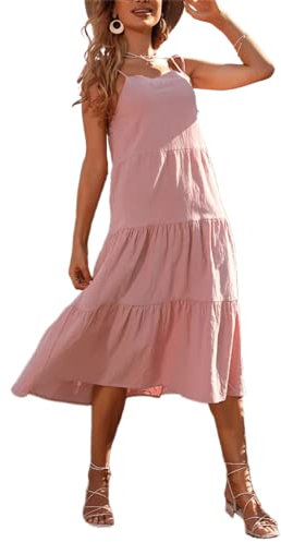 Damen-Sommerkleid, Rüschen, Babydoll, Boho, Midi, Volant, lässig, sexy, Frühling, Abschlussball, Hochzeit, Gast, Brautjungfer, Spaghettiträger, rose, Groß