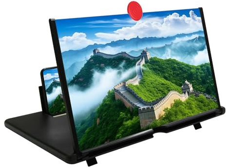 12 Phone Screen Magnifier, Screen Amplifier 3D HD Screen Projector with Foldable Stand, Phone Screen Magnifier for Watching Movies, Videos, Games and Reading, Compatible with All Phones (Black)
