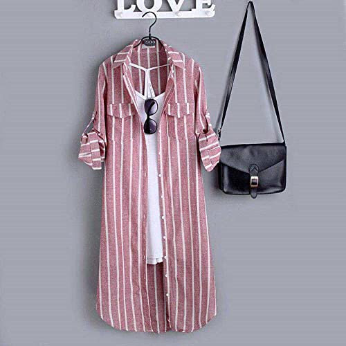 MIDJ Chemise À Manches Longues pour Femmes,Chemise Longue pour Femme Chemisier Élégant Rose Blanc Rayé Cardigan Chemise À Manches Mi-Longues Tunique Bouton Vintage À Fines Rayures Verticales Chemis