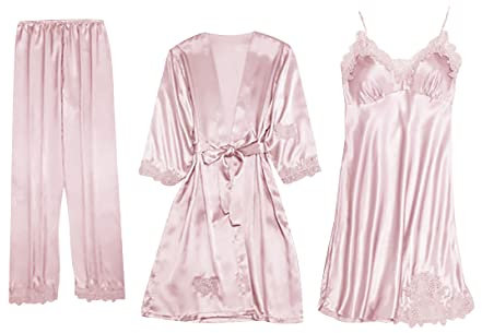 OADOBKICE Raso Camicia Notte delle Donna Pigiama Set Donna Notte Morbida Camicia Notte Vestaglia Seta Oversize Indumenti Letto delle Signore Nero Vestaglia Soffice Vestaglia 929 Tre Pelle Rosa M