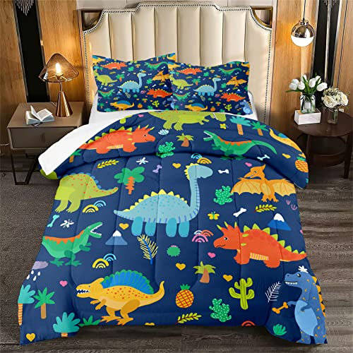 Dinosaurier-Bettwäsche-Set für Jungen, Cartoon-Dinosaurier-Bettwäsche-Set, Queen-Size-Größe, niedliches blaues Muster, für alle Jahreszeiten, Steppdecke mit 2 Kissenbezügen