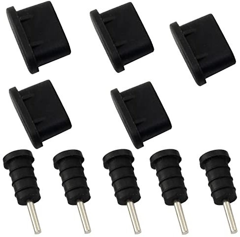 AERZETIX - C64913 - Lot de 10 Bouchon Cache obturateur Capuchon Anti-poussière Protection 5 USB-C + 5 Jack 3.5 mm Prise Casque téléphone Smartphone - Couleur Noir - en Plastique/Caoutchouc