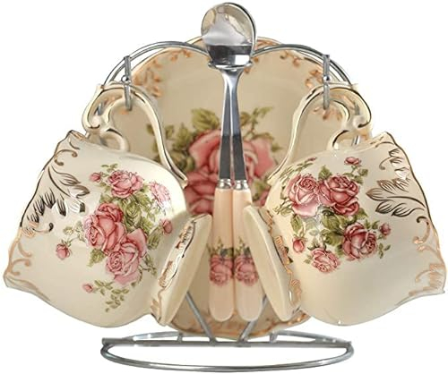Pastoral Rose Teetasse Untertasse Löffel Set Europa Porzellan Kaffeetasse 200 ml Becher Tablett Cafe Tumbler Party Trinkgeschirr (Zwei Tassen und Untertassen mit Gestell, B)
