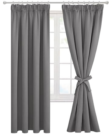 Hiasan Pencil Pleat Blackout Thermal Insulated Curtains, Bedroom and Living Room with Tiebacks, Energy Saving and Noise Reducing, 2 Panels, 46 x 72 Inch, Grey