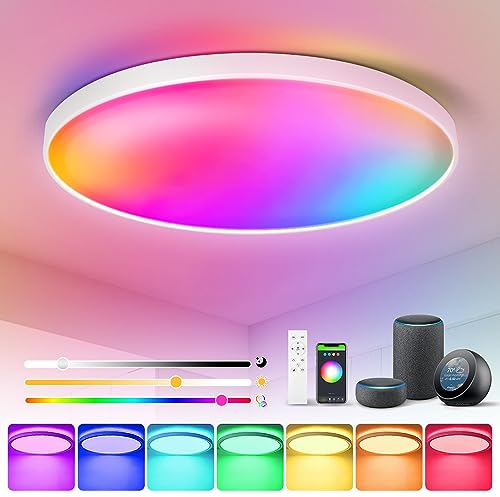 CHENBEN Plafonnier LED RGB Change Couleur Dimmable avec Télécommande,Bluetooth Plafonnier Chambre,24W 3000K-6500K Lampe Plafond pour Chambre, Cuisine, Salon,Blanc