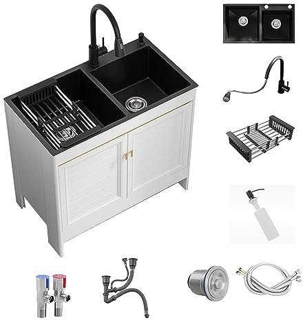 Mueble Fregadero Cocina 2 Senos,Fregadero Acero Inoxidable,Fregadero Multifuncional,Fregadero Camper,Fregadero Exterior Jardin,con Grifo Extraíble y Accesorios,para Bar Restaurante Doméstico Garaje (