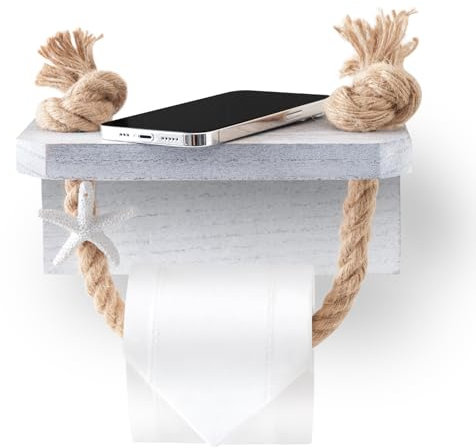 Perfeso.L Rustic Farmhouse White Toilet Paper Holder Stand with Shelf–Unique Rustic Nautical Rope Starfish Towel Rack Wall Mounted Vintage Bathroom Decor Wood Toilet Paper Roll Holder Storage