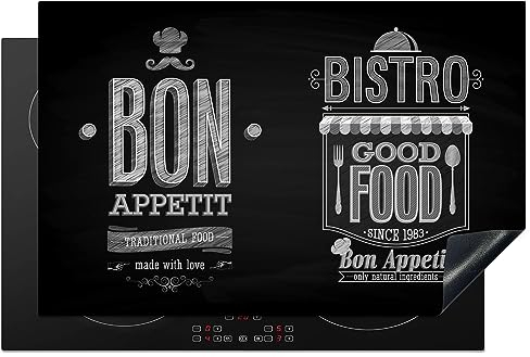 KitchenYeah© Protezione Piano Induzione 80x52 cm Cucina Copri Fornelli Proteggi di Cottura Antiscivolo Tappetino Bon Appetit - Italia - Cibo - Nero - Bianco