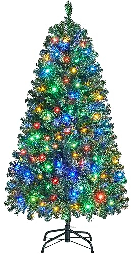 Yaheetech 152,5cm LED Künstlicher Weihnachtsbaum mit 396 Zweigen & 200 Warmweißen und Mehrfarbigen Lichtern, 9 Lichtmodi, Klappsystem Christbaum Tannenbaum Kunstbaum, Grün