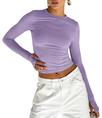 Maglietta a Manica Lunga Donna Sexy Maglietta a Maniche Lunghe con Fori per i Pollici Ragazza Crop Top in Pizzo Ragazza Top Solido Taglio Slim Ragazza Shirt Elegante (Viola, M)