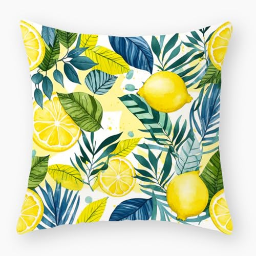 Kissenbezug 40x40 Zitronen Und Blätter Sofakissen Baumwoll und Leinen Dekokissen Quadrat Kissenbezüge mit Reißverschluss Outdoor Kissen- für Wohnzimmer Auto Schlafzimmer