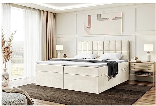 MEBLINI Boxspringbett mit Bettkasten - 180x220 - H4/Creme Samt - Lukas - Gepolstert Doppelbett mit Matratze und Topper - Polsterbett mit Stauraum - Bett mit Kopfteil - Stauraumbett