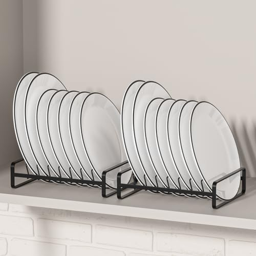 Hikinlichi Tellerhalter, 8 Fächer, aufrechtes Abtropfgestell, Metall, für Arbeitsplatte und Schrank, Schwarz, 2 Stück