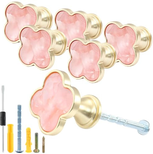 Suiwotin Lot de 6 boutons d'armoire – Clover – Poignées de tiroir décoratives en or brossé pour placard, placard, garde-manger (rose)
