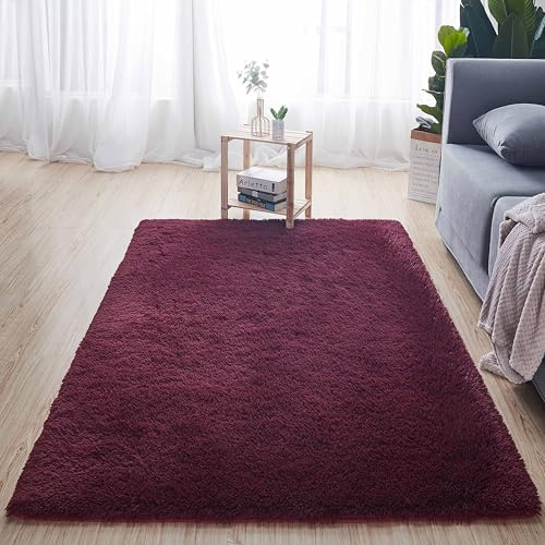 EMPVEX Flauschiger zotteliger Teppich für Wohnzimmer, Schlafzimmer, Kinderzimmer, Dekoration, weich, rutschfest, dicker Flor, Weinrot, 80 x 120 cm