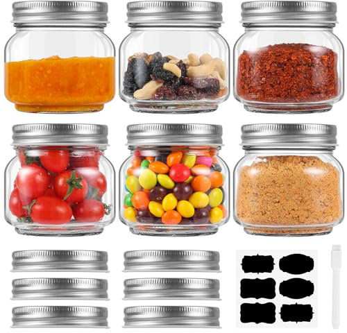 YL-ESH 6 Pack Small Mason Jars with Labels, 8 oz Glass Jars with Airtight Lids, Half Pint Canning Jars for Jelly, Jam, Honey, Pickles, Spice, Overnight Oats, Food Storage, Candle & DIY Gift