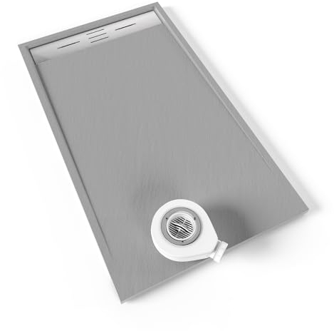 Moments of Glass SMC Duschwanne HIEMAL 80x140 cm Grau RAL7030, extra flache robuste Duschtasse aus langlebigem SMC mit ANTI-Rutsch-Oberfläche in Schieferoptik inkl. Ablaufgarnitur mit Edelstahl Deckel