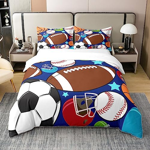 Loussiesd Kinder Sport Bettwäsche Set 100% Baumwolle 135x200cm Fußball Basketball Tennis Baseball Bettwäsche Jungen Jugendliche Sport Bettwäsche Set Set 100% Baumwolle 135x200cm