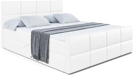ALTDECOR Boxspringbett mit Matratze und Lattenrost, Boxbett, Topper, Fußteil, Polsterbett mit Bettkasten, Bett mit Stauraum H3-Matratze, Springboxbett - ARDENI-Z - 120x200 - Weiß Kunstleder