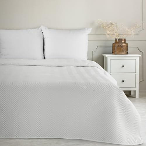 Eurofirany Stillvolle Decke in eleganter Karomuster-Steppung, Lein-Optik, perfekte Sofa- und Tagesdecke (Weiß, 200x220 cm)