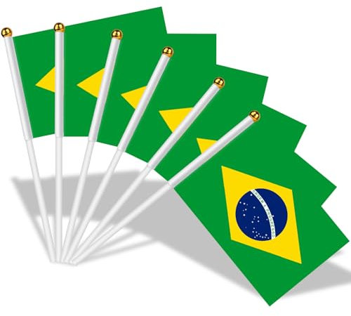 AhfuLife Petit Drapeau Bresil - 30Pcs Mini Drapeaux Bresilien avec Poteau Solide Blanc de 30cm pour Décoration Jardin Bar Américain Football Match Coupe du Monde Fête Nationale