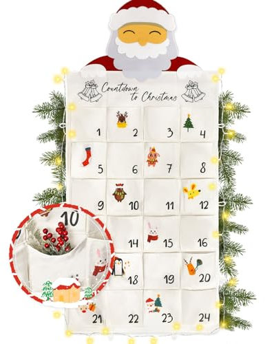 Adventskalender zum Befüllen, Cshare 24 Adventskalender aus Stoff zum Befüllen, mit Lichterkette, Santa is Coming Countdown Kalender zum Aufhängen,Geschenksäckchen,Wiederverwendbarer Wandteppich Set