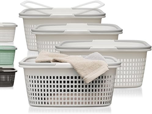 Hausfelder Wäschekorb 4er Set 58x37x25cm, Korb mit Henkel 4 Stück weiß, Wäschekörbe 35 l aus Kunststoff mit Griffen (Weiss, 4 Körbe)