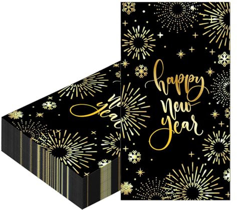 2-Ply Happy New Year Eve Napkins - 20Pcs Black Gold Tableware Decoration for 2025 Party - 40x33cm Disposable Cocktail Dinner Serviettes