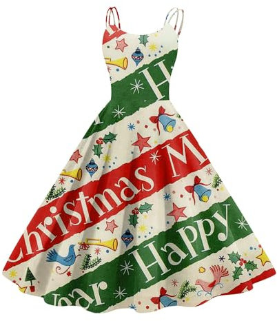 Kleid Weihnachten Damen Hohe Taille Sexy Weihnachten Kleid Damen Elchmuster Mode Weihnachtskleid Damen Ärmellos Kleider Kleider Winter Damen Abschlussball Sexy Weihnachtsfrau Kostüm Dunkelgrün L