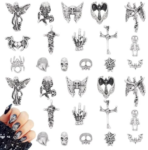 AHANDMAKER 64Pcs Halloween Nail Charms, 16 Styles 3D Vintage Punk Alloy Halloween Nail Art Charms, Antique Silver Cross Spider Skull Bat Ghost Nail Charm for Halloween DIY Nail Cellphone Art Decor