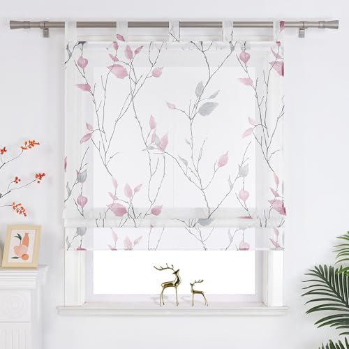Joyswahl Raffrollo mit Schlaufen Landhausstil Raffgardinen Violett 80x140 | Schlaufenrollo Wohnzimmer, Transparent, Blatt- und Blumenmuster, 1er Pack, Fenster Vorhänge Leinenoptik, Fensterrollo innen