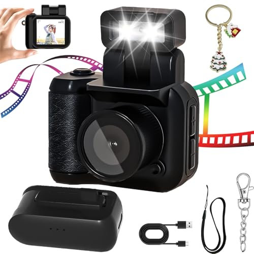 Retroscope Mini Camera, Mini Vintage Camera with 1.44-Inch HD 1080p Screen, 90° Flip Flash Retro Snap Camera with 6 Filters, Mini Retro Camera, Keychain Camera, for Travel Life Video Recording (Black)