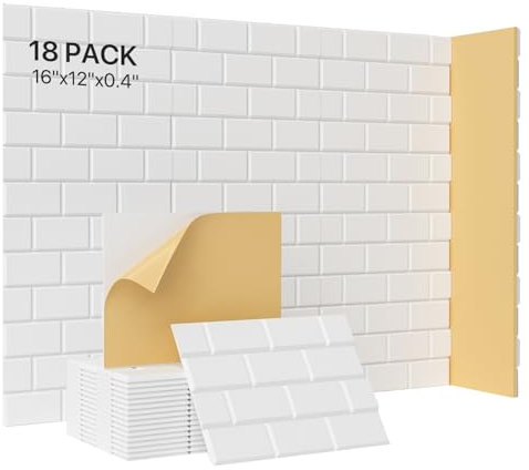 Acoustic Wall Panels Self Adhesive, 18 Pack Peel & Stick Sound Absorbing Panel for Walls, Ceilings, Doors, 16x12x0.4, Brick Pattern White Decorative Art Tiles for Studio, Home Office, Gaming Room