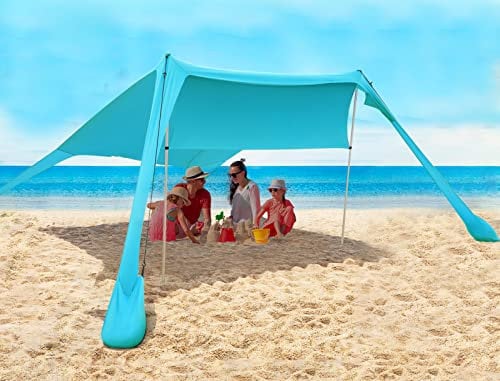 Strandzelt Sonnenschutz Strand zelte strandmuschel Muschel UPF50+ mit Sandschaufel, Erdnägeln und Stabilitätsstangen, Outdoor-Schatten für Campingausflüge, Angeln, Hinterhofspaß oder Picknicks