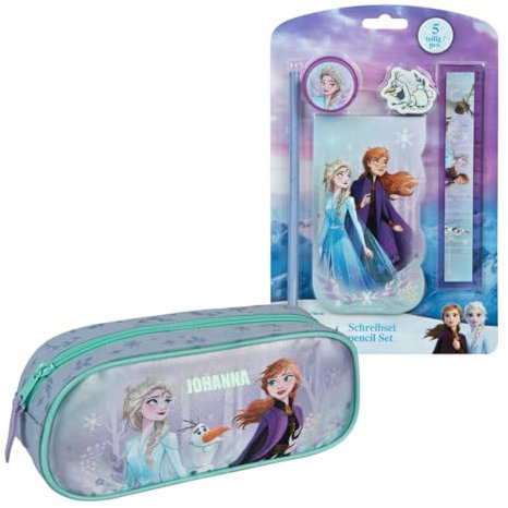Schreibset und Schlamperetui Frozen, Personalisiert mit Name, Kreativset Kinder Mädchen, Notizblock Bleistift Radierer Anspitzer Lineal, Disney Set 6-tlg. Elsa Anna