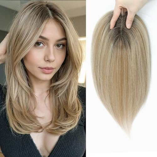 Haarteile für Frauen, voluminöses Echthaar-Haarteil, 25,4 cm, handgefertigt, Schweizer Basis, Haarteile mit 360°-Abdeckung für Haarausfall und graues Haar (Honigblond mit dunkelbraunem Ansatz)