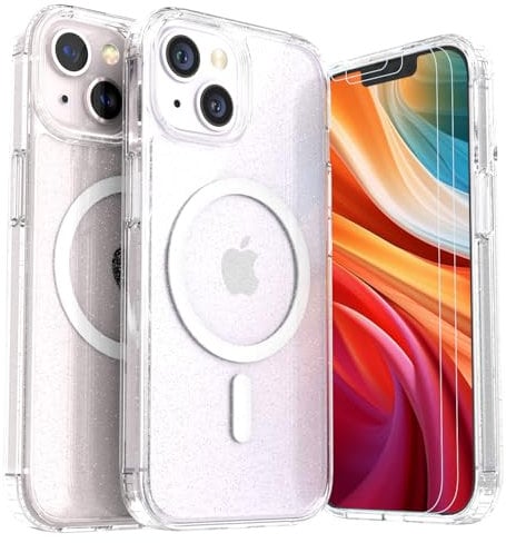 LUNOVATE Magnetic Shockproof for iPhone 14/13 Case Clear, Protective Cover Anti Yellow Transparent Phone Case with 2 Screen Protector for iPhone 14 / iPhone 13 - Glitter