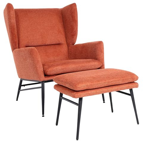 Mendler Lounge-Sessel mit Ottomane HWC-L62, Ohrensessel Polstersessel Cocktailsessel Hocker, Stoff/Textil - Terracotta-braun