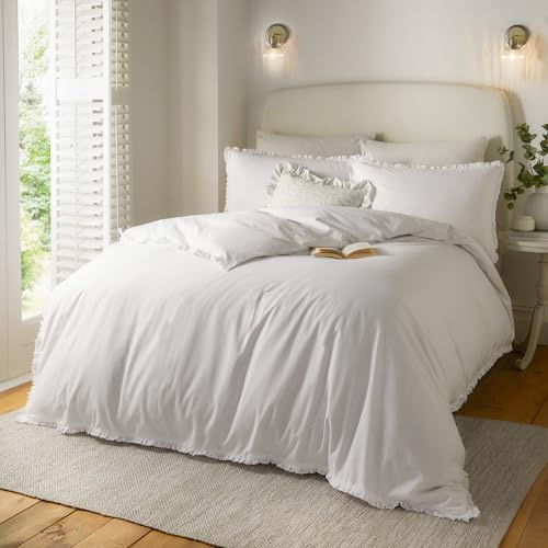 furn. Wylder Nature Tilly Duvet Cover Set – 100% Tumbled Cotton Minimal Ruffle Bedding with Elegant Trim (White - King)