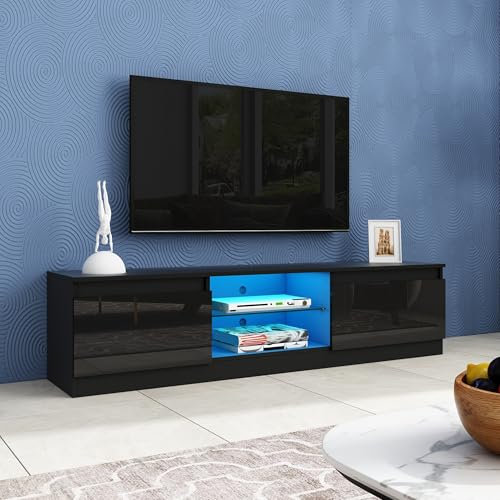 Hochglanz TV-Schrank Lowboard Fernsehschrank mit LED-Beleuchtung,Moderner 160cm Fernseher Tisch TV Tisch Sideboard mit 2 Türen 2 Regale für Wohnzimmer, Esszimmer, Schlafzimmer 160x35x40cm (Schwarz)