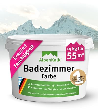 AlpenKalk Weiße Badezimmerfarbe I 14 kg für ca. 55m² I Spezielle Kalkfarbe für Bad & feuchte Räume I Hochdeckend & atmungsaktiv mit Anti-Schimmel Formel I Wischfest & feuchtigkeitsregulierend