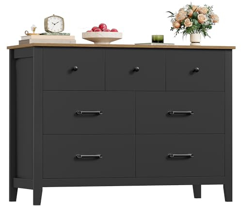 HOCSOK Kommode mit 7 Schubladen Komodenschrank Sideboard Schwarz mit aus Holzplatte, für Schlafzimmer Wohnzimmer Jugendzimmer Flur und Büro,106x40x81 cm