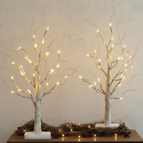 Olsen & Smith Set of 2 Pre Lit White Mini Christmas Xmas Tree Birch Twig Tree Ornament with 24 Warm White LEDs Lights Battery Operated Tabletop Decoration for Christmas Home Party Wedding (60cm/2ft)