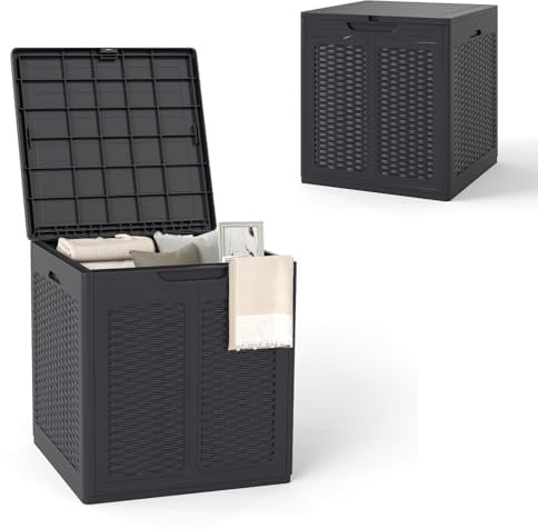 HOMASIS Auflagenbox wetterfest, Gartenbox aus PP-Rattan, abschließbar Aufbewahrungsbox mit Deckel, Gartenmöbel Kissenbox Auflagentruhe Gartentruhe Outdoor (Braun, 145L)