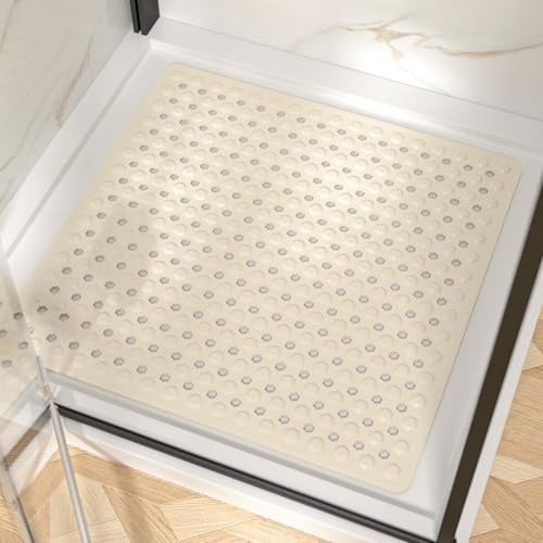 HITSLAM Duschmatte rutschfest, Antirutschmatte für die Dusche 60x60cm, Badewannenmatte mit Saugnäpfen-100% BPA-frei, Quadrat Rutschmatte Dusche schimmelresistent & maschinenwaschbar, Sand