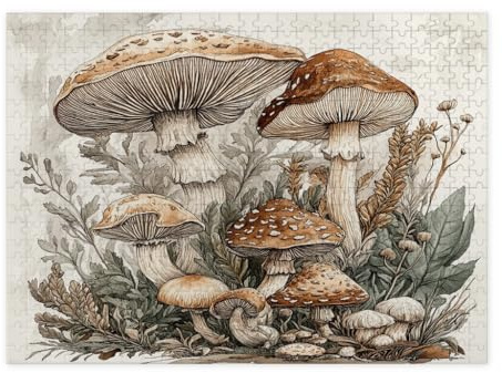 Vintage Pilz Puzzle für Erwachsene 500 Teile, Ästhetische Retro Pflanze Scenic Holz Gedruckt Puzzles, Bauernhaus Botanische Muster Dekorationen für Unterhaltungsparty