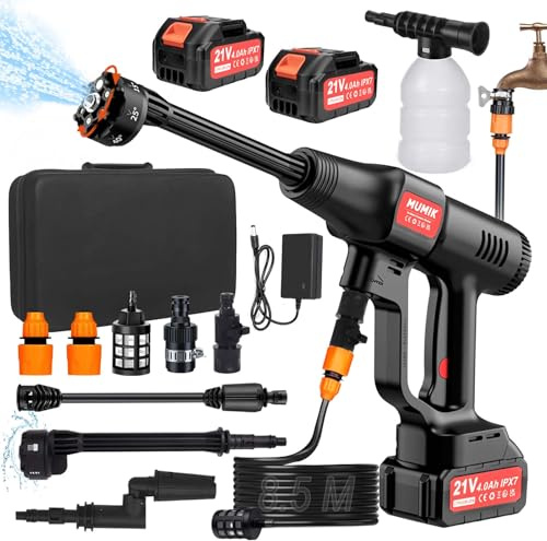 MUMIK Hidrolimpiadora Bateria, 60 Bar Hidrolimpiadora de Alta Presion con 2 * 4.0Ah Baterías (IPX7), Boquilla 6 en 1,Giratoria Boquilla, Manguera de 8.5M Pistola Presion Agua Portatil Profesional
