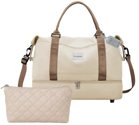 OnlyPRIME Sac de Voyage Femme 40x20x25 avec Port USB – Sac Cabine Pliable Imperméable avec Compartiment Chaussures, Idéal Weekend, Sport, Maternité et Bébé (Trousse Toilette Beige)