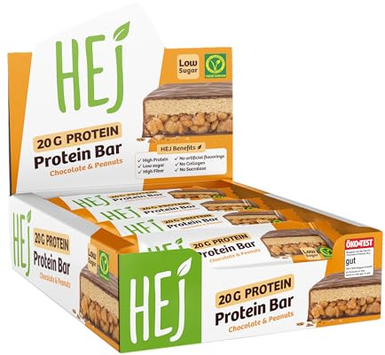 HEJ 20g Protein Bar, Chocolate & Peanuts, 12 x 60 g, Low Sugar Eiweißriegel | Proteinriegel, High Protein Snack, zuckerarm, vegetarisch, ohne Palmöl, ohne Zuckerzusatz & ohne künstliche Aromen